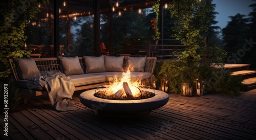 a fire pit is surrounded by wood and plants,