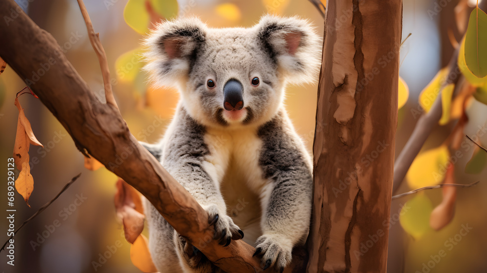 Fototapeta premium Adorable Koala Clinging to a Tree with Autumn Leaves Background