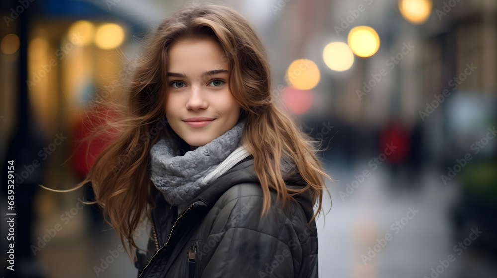 Smiling Teenage Girl in Winter Attire on Urban Street Background