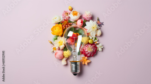 Creative Concept of Light Bulb with Spring Flowers on Pink Background