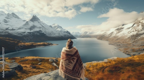 a girl looking at the mountains and lake with a blanket,