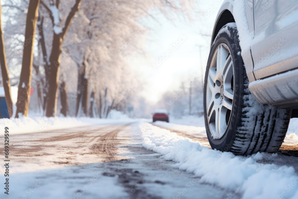 Winter tires on a snow road