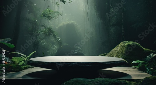 a huge stone sitting on a table in a jungle,