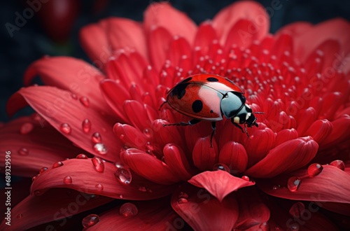 a lady bug on top of a red flower,