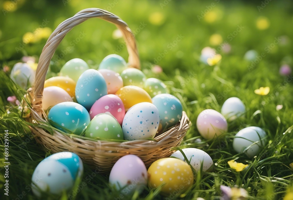 Easter - Painted Eggs In Basket On Grass In Sunny Orchard