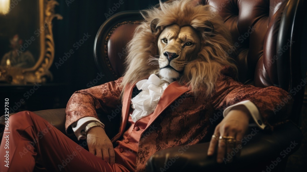 a man in a lion costume sitting in a chair,