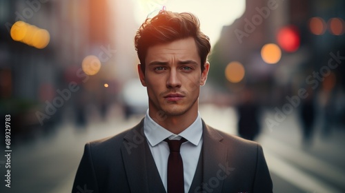 a man in a suit is standing in the street,