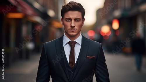 a man in a suit is standing in the street,
