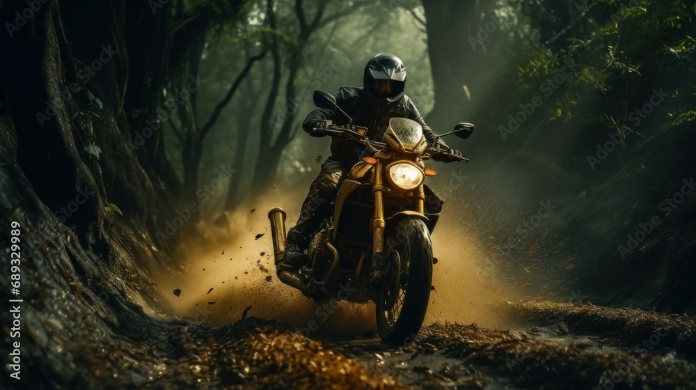 a man on a motorcycle rides through the woods,