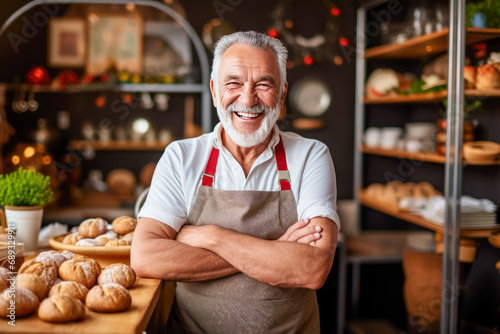 Portrait of a smiling senior man standing with arms crossed in a bakery