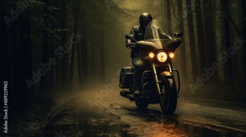 a man on a motorcycle rides through the woods,