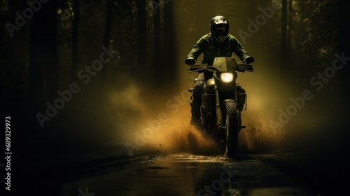 a man on a motorcycle rides through the woods,