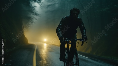 a man riding a bike on a road through the forest,