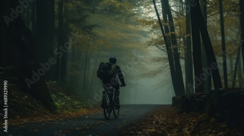 a man riding a bike on a road through the forest,