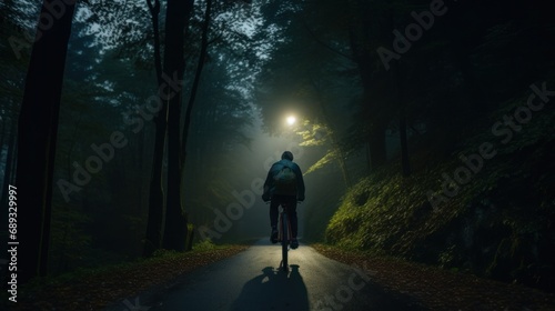 a man riding a bike on a road through the forest,