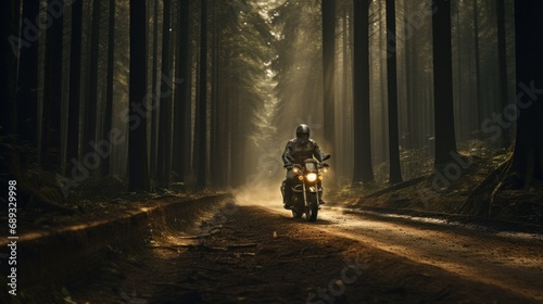 a man riding a motorcycle in an empty forest,
