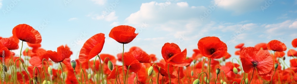 Naklejka premium A field of red poppies under a blue sky