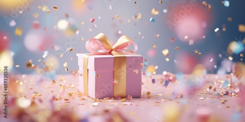 a pink birthday present and confetti,