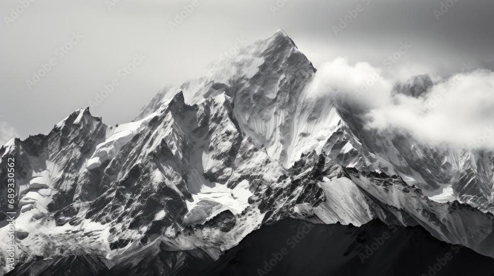 Black and white panoramic shot of towering mountain peaks