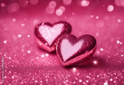 Two Hearts On Pink Glitter In Shiny Background - Valentines Day Concept
