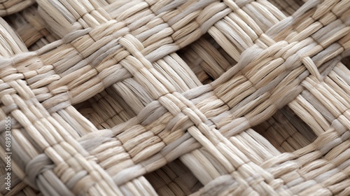 A high-definition image capturing the intricate details of a handwoven basketweave fabric in neutral tones. photo