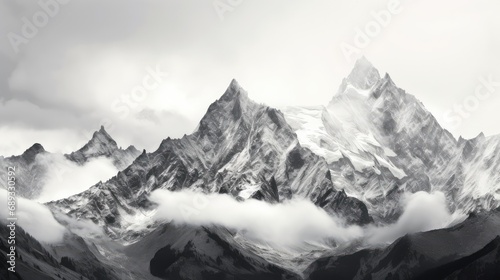 Black and white panoramic shot of towering mountain peaks