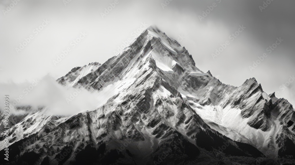 Panoramic view of tall mountain peaks in black and white