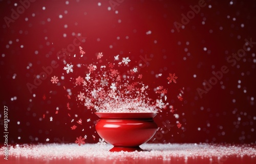 a red background with snowflakes falling from it,