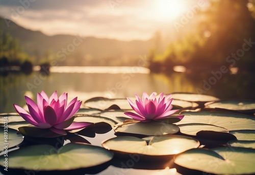 Zen Concept - Spa Stones And Waterlily In Lake At Sunset