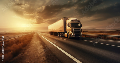 a semi truck crossing a highway in light sunset, © olegganko