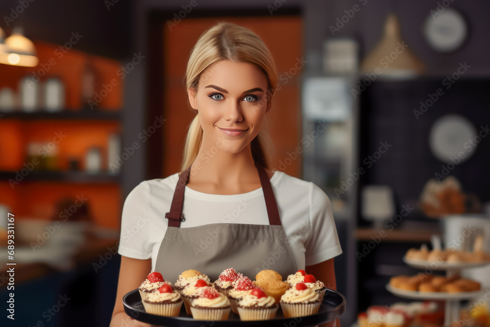 beautiful young woman in apron holding tray with cupcakes in bakery