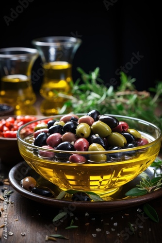olives on a table next to oil