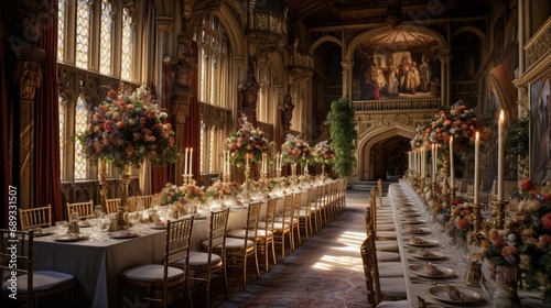 A historic castle banquet hall, with grand tables adorned with royal feasts and opulent floral arrangements. photo