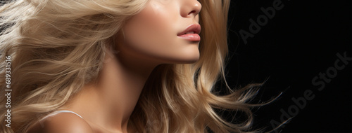 beauty portrait of a young woman with developing blond hair on a dark background, close-up, Banner. content for beauty salons and bloggers. space for text