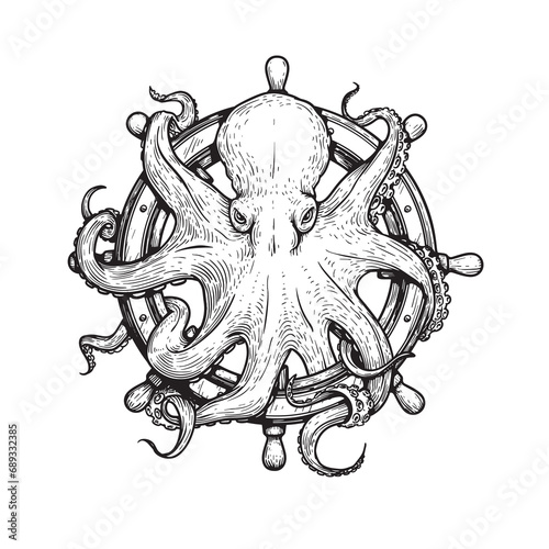 Octopus on helm wheel. Sketch hand drawn style. Retro vintage sea monster drawing. Best marine and nautical designs. Vector illustration on white.