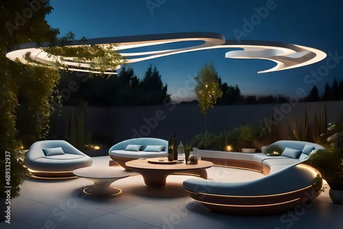  a surreal representation of a suburban terrace with futuristic garden furniture, floating in mid-air with ethereal lighting