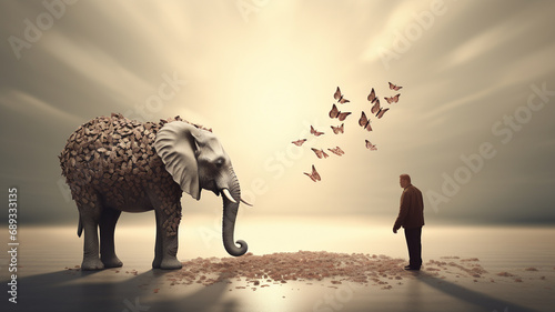 businessman walking on elephant with a pile of money as concept