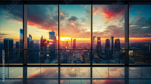 Panoramic view of modern skyscrapers with reflection in windows