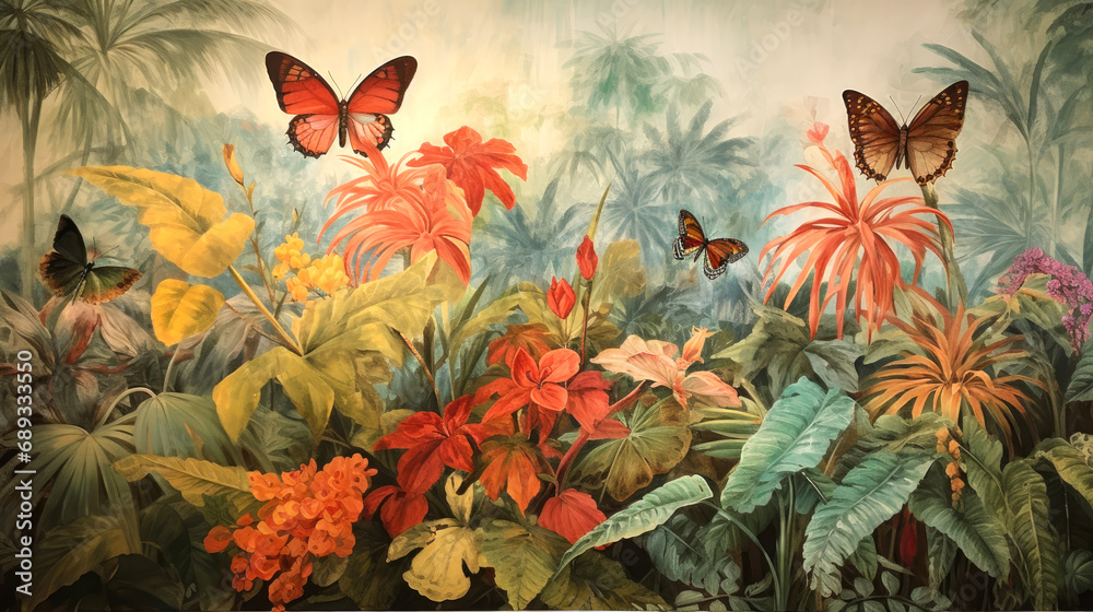 Tropical paradise, background with plants, flowers, birds, butterflies in vintage painting style - obrazy, fototapety, plakaty 