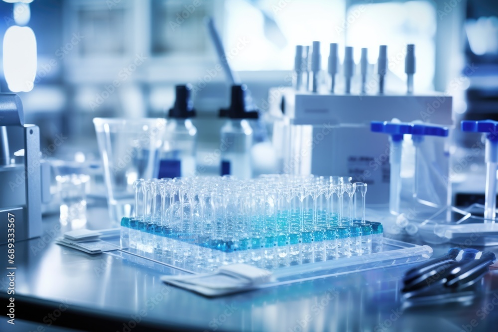 A laboratory table with a lot of test tubes on it