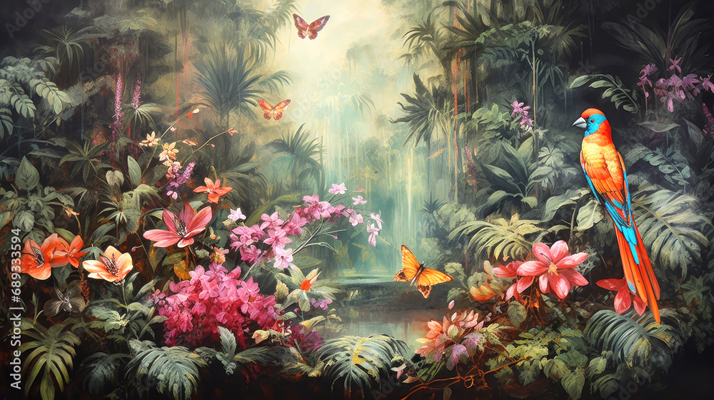 custom made wallpaper toronto digitalTropical paradise, background with plants, flowers, birds, butterflies in vintage painting style