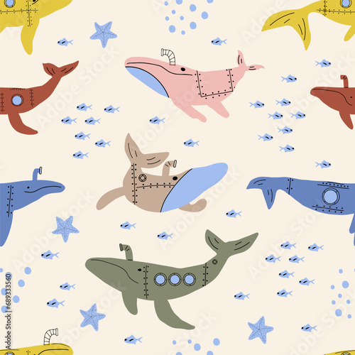 Submarine Whales. Vector colored childish seamless pattern with whales in scandinavian style. Cute kids background