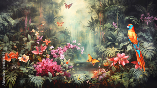 Wallpaper Mural Tropical paradise, background with plants, flowers, birds, butterflies in vintage painting style Torontodigital.ca