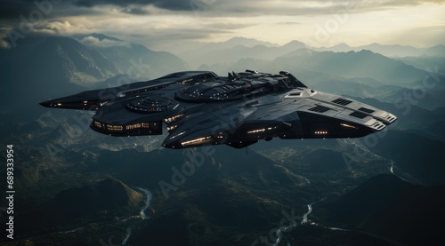Futuristic spaceship flying over the mountains. 3d rendering.