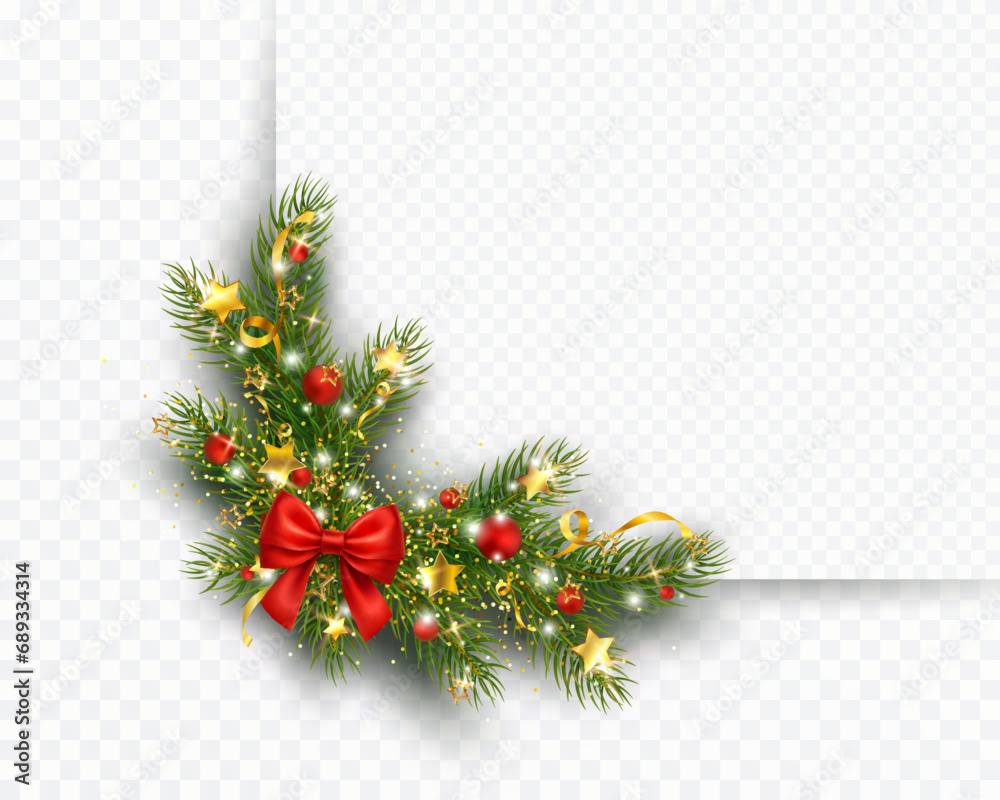 Christmas tree corner border with green fir branches, red bow, berries and gold lights isolated