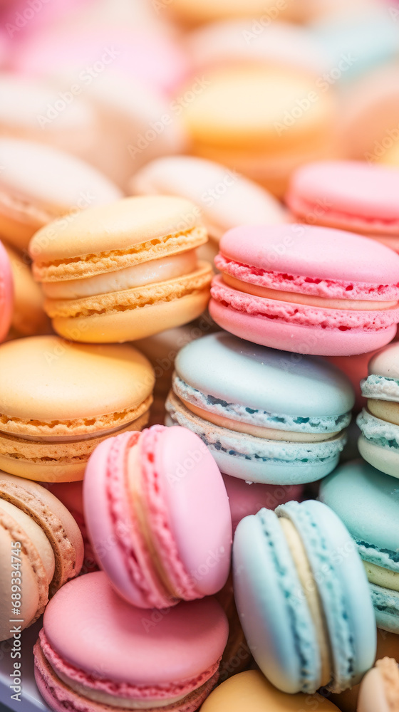 Fototapeta premium Colorful macaroon cookies background. Sweet macaroons.