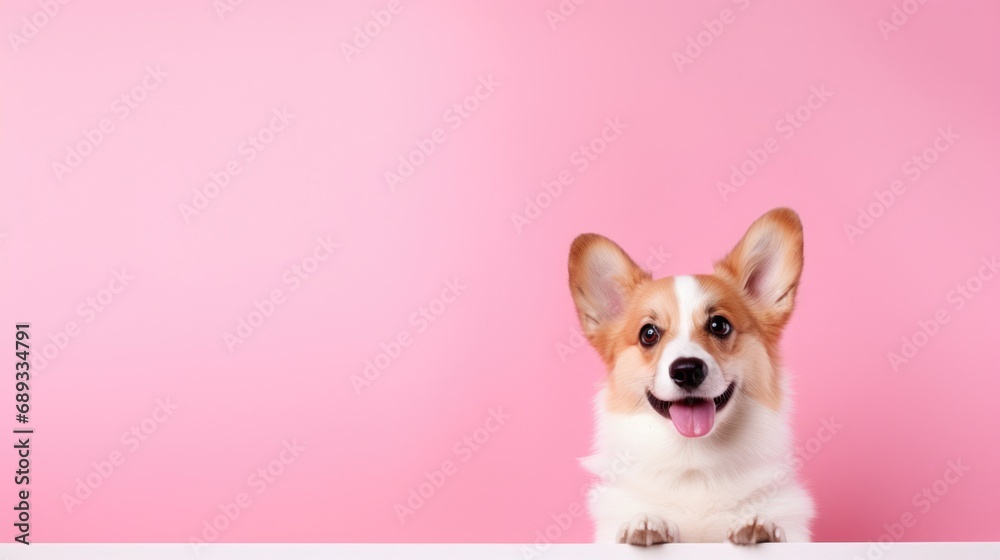 studio portrait of corgi dog,isolated on clean pink  background