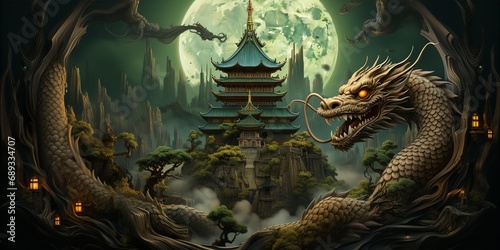A wooden Chinese dragon and trees in the moonlight and pagodas above it, mysterious backgrounds, richly detailed backgrounds, on a fantasy landscape (greeting card).