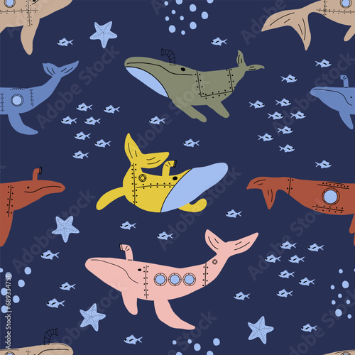 Submarine Whales. Vector colored childish seamless pattern with whales in scandinavian style. Cute kids background
