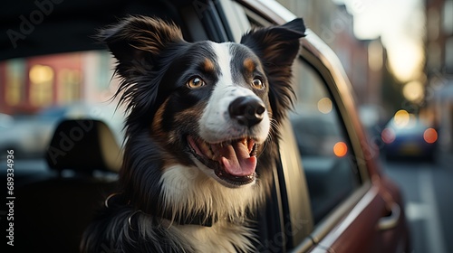 A cute dog in a car sits on the window seat, waiting for its owner. Moving animals in a car, caring for and traveling with a puppy in transport © Marynkka_muis